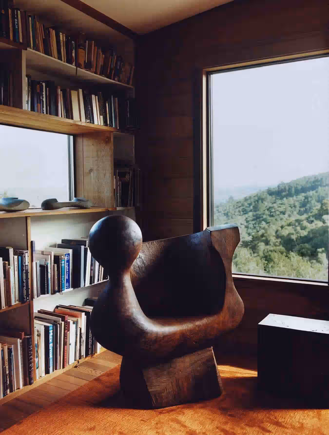 Mariah’s Chair in the bedroom of the Blunk House. Blunk carved this work from a single piece of salvaged old-growth redwood in 1978