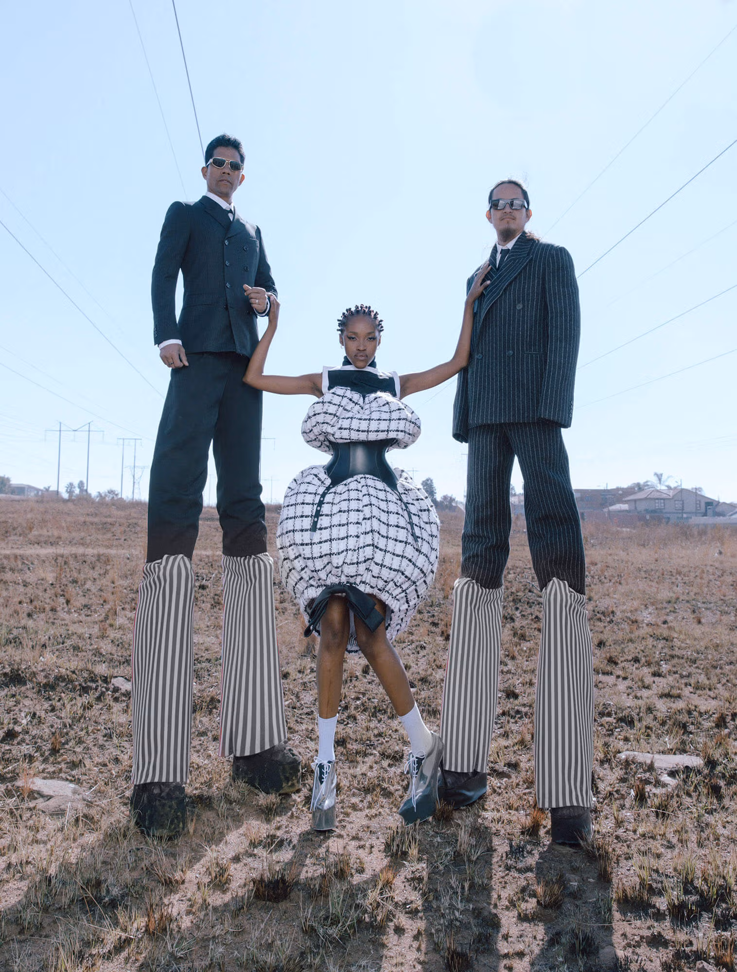 Gabriel De Oliveira wears full look by CELINE BY HEDI SLIMANE. Ponahalo wears dress and shoes by THOM BROWNE and belt by PRITCH. Ivan Farquharson wears suit by BURBERRY and shirt