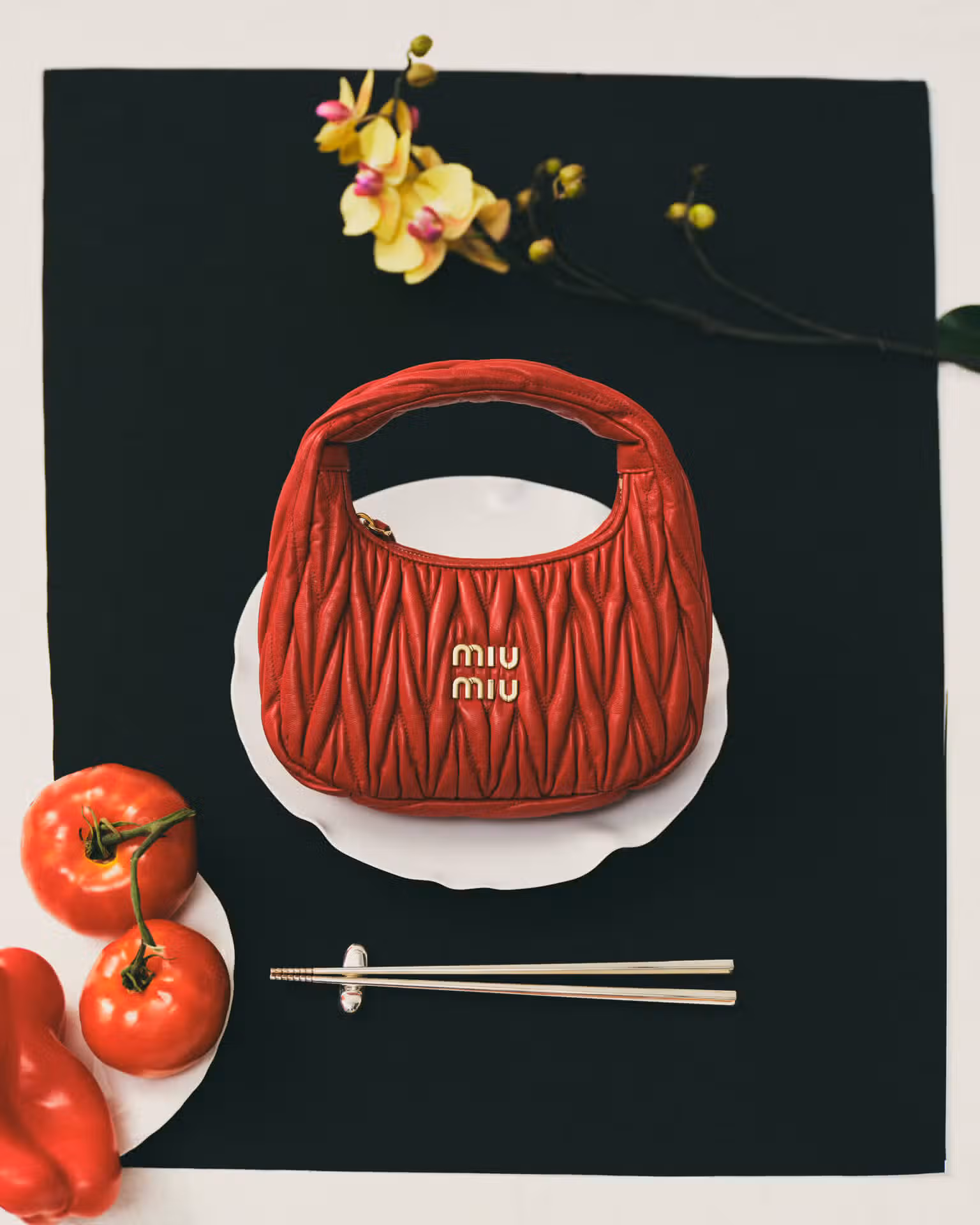 Bag by MIU MIU and chopsticks and rest by CHRISTOFLE.