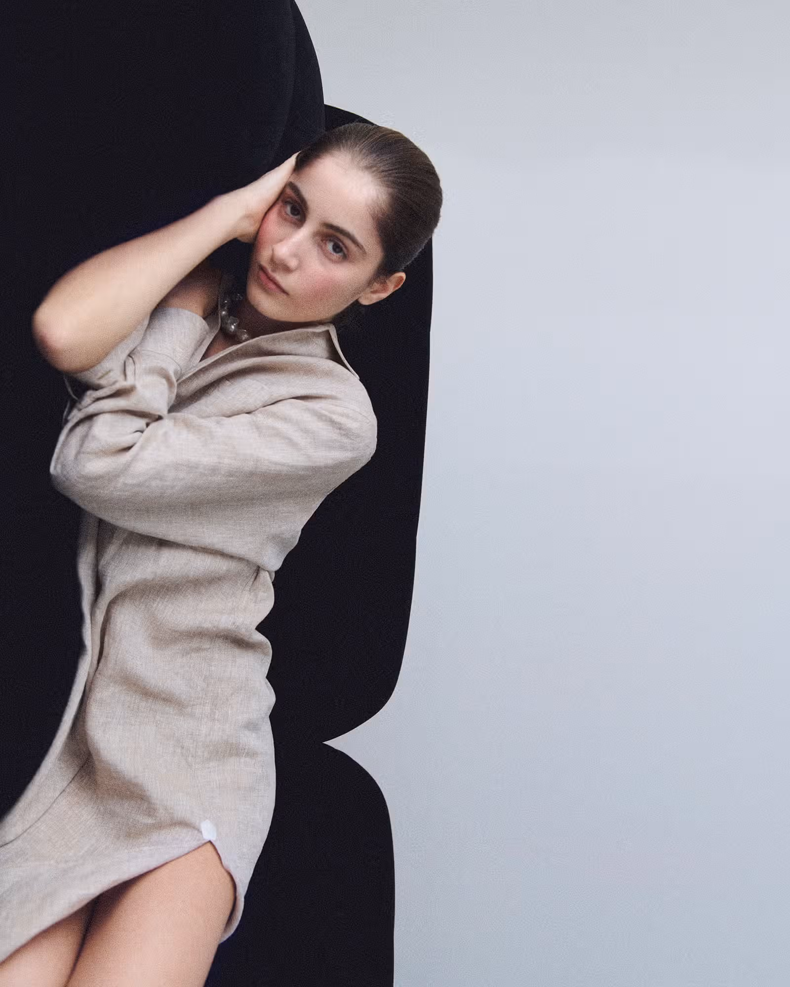 Sahteene Sednaoui wears dress by LORO PIANA and necklace by MOSQUITO STUDIO.