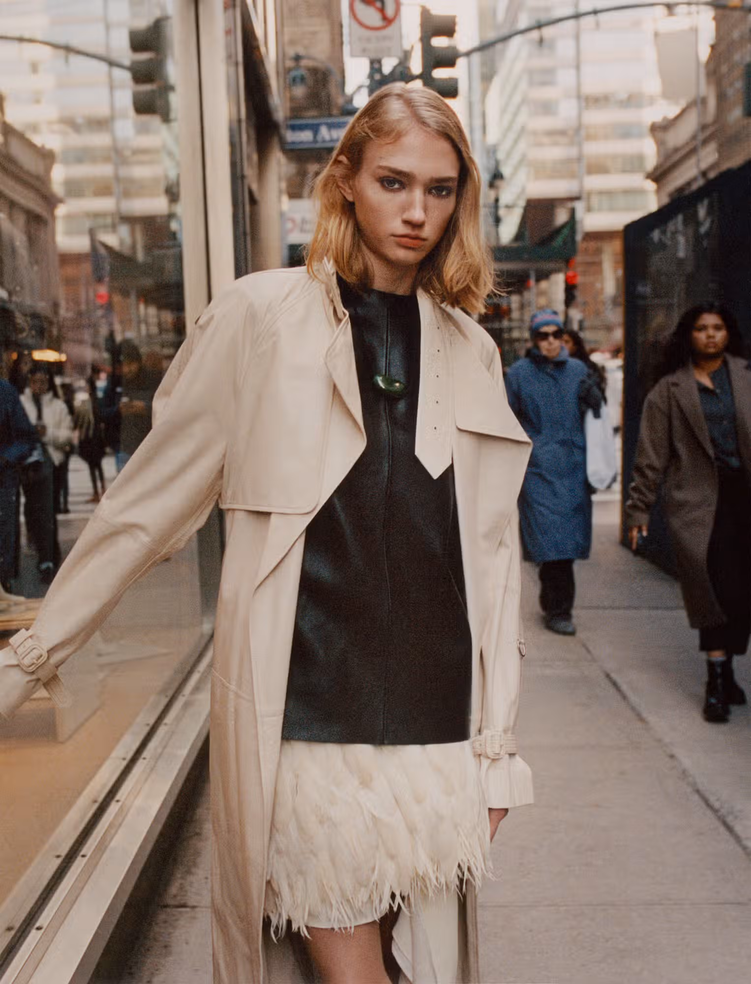 Tess wears full look by PROENZA SCHOULER and necklace by TIFFANY & CO.