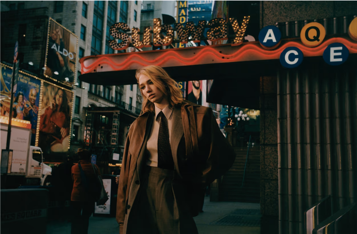 Tess wears full look by SAINT LAURENT.