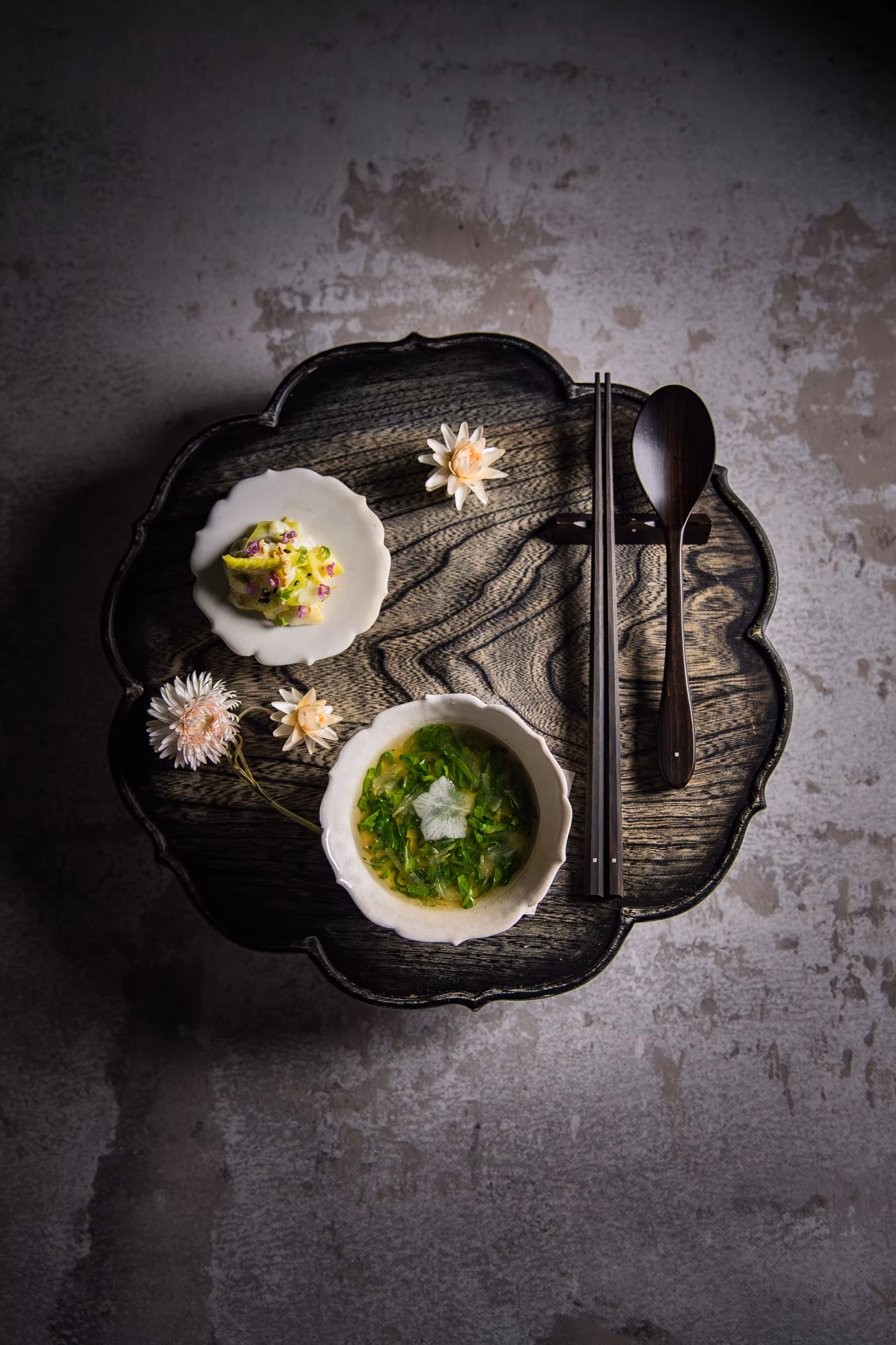The only vegan course features silken tofu with Napa cabbage and Buddha’s hand fruit; and yuba with Caraflex cabbage and crème fraîche Shirae. Photography by John Troxell.